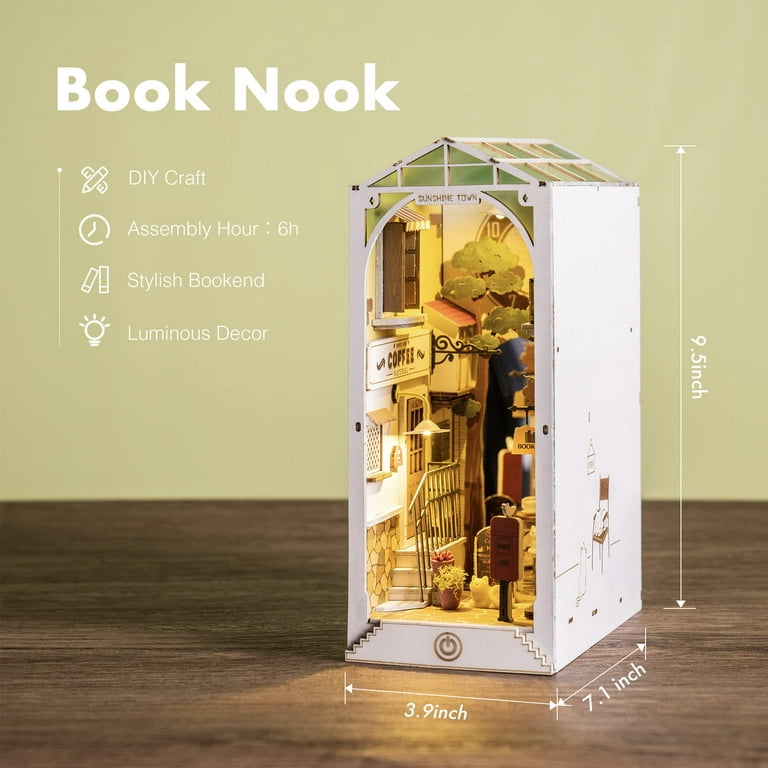 ROBOTIME DIY Book Nook Kit Decorative Bookend Insert Bookcase Book Stand  Miniature House Kit with LED Light Creative Gift for Birthdays (Sakura Tram)