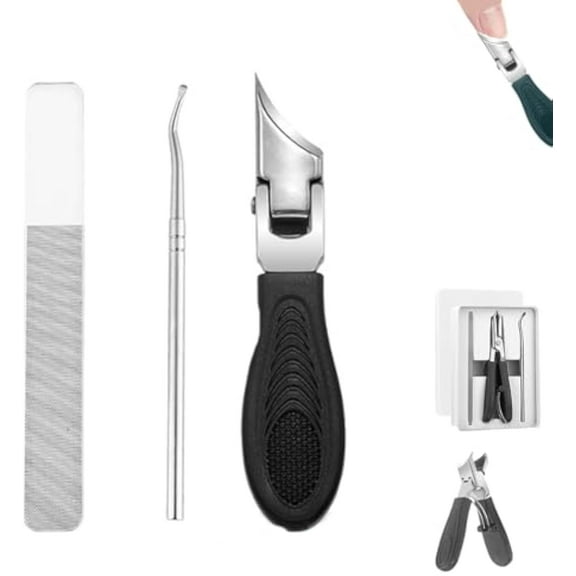 Eagle Beak Angled Nail Clippers 3-Piece Set, Long Handle Wide Jaw Opening Anti-Splash Slanted Toenail Clippers for Thick Nails and Ingrown Care, Stainless Steel Finger Nail Clippers Adult (Black)