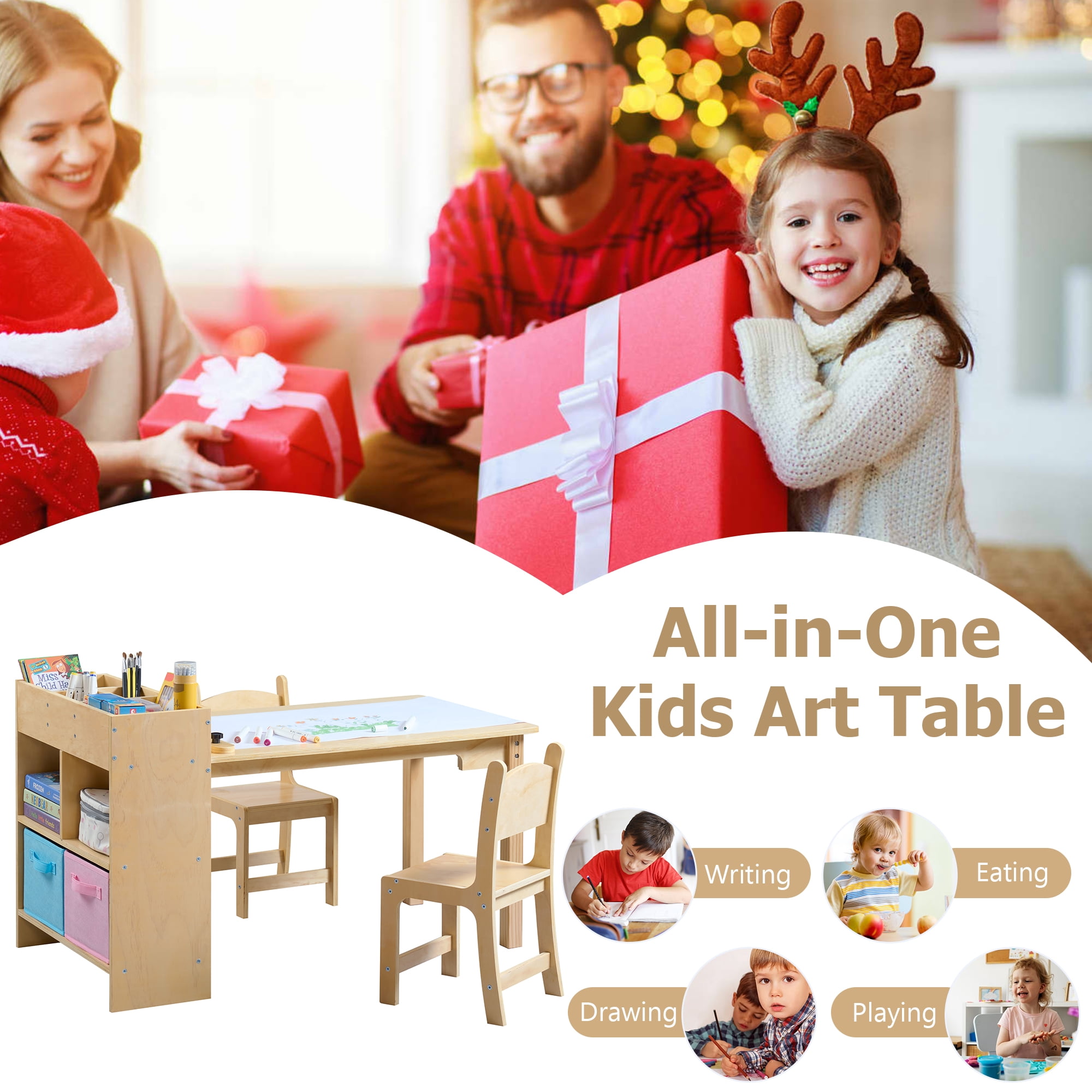 Kids Art Table and 2 Chairs Set, Solid Pine Wood Toddler Activity Craft Desk with Storage for Drawing, Writing, Reading, Ideal for Nursery, Playrooms & Classroom