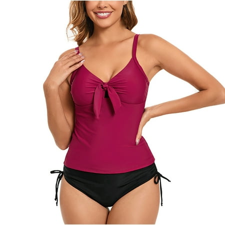WREESH Women s Slim Two Piece Swimsuit 2025 - Bow Shoulder Tankini Top & Tummy Control Boyshorts Beach Bathing Suit Wine