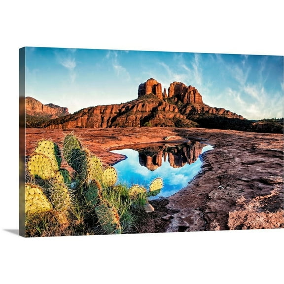 Great Big Canvas "Cathedral Rocks with reflection at sunset in Sedona, Arizona"  by Scott Stulberg White Light Yellow   Wrapped Canvas Print Wall Artwork