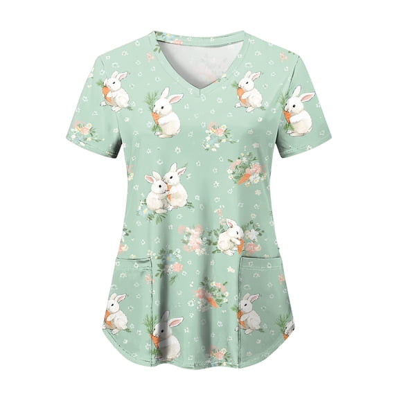 COMVALUE Scrubs for Women V Neck Short Sleeve Animal Print Nursing Uniform Top with Pockets - Stretch Medical Scrub Shirt (Light Green, S)