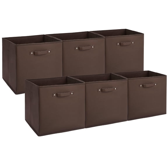 6-Pack 13 Inch Foldable Fabric Storage Bins with Faux Leather Handles, Cube Organizer Baskets for Shelves, Closet, Clothes & Toys, Brown
