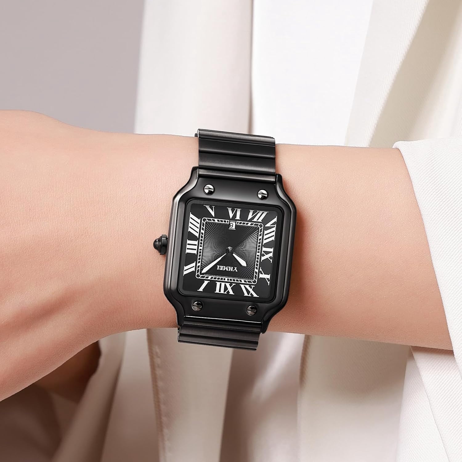 Unisex Classic Square Roman Numerals Silver Analog Waterproof Watches for Women Men Stainless Steel Strap Date Display Casual Wristwatch