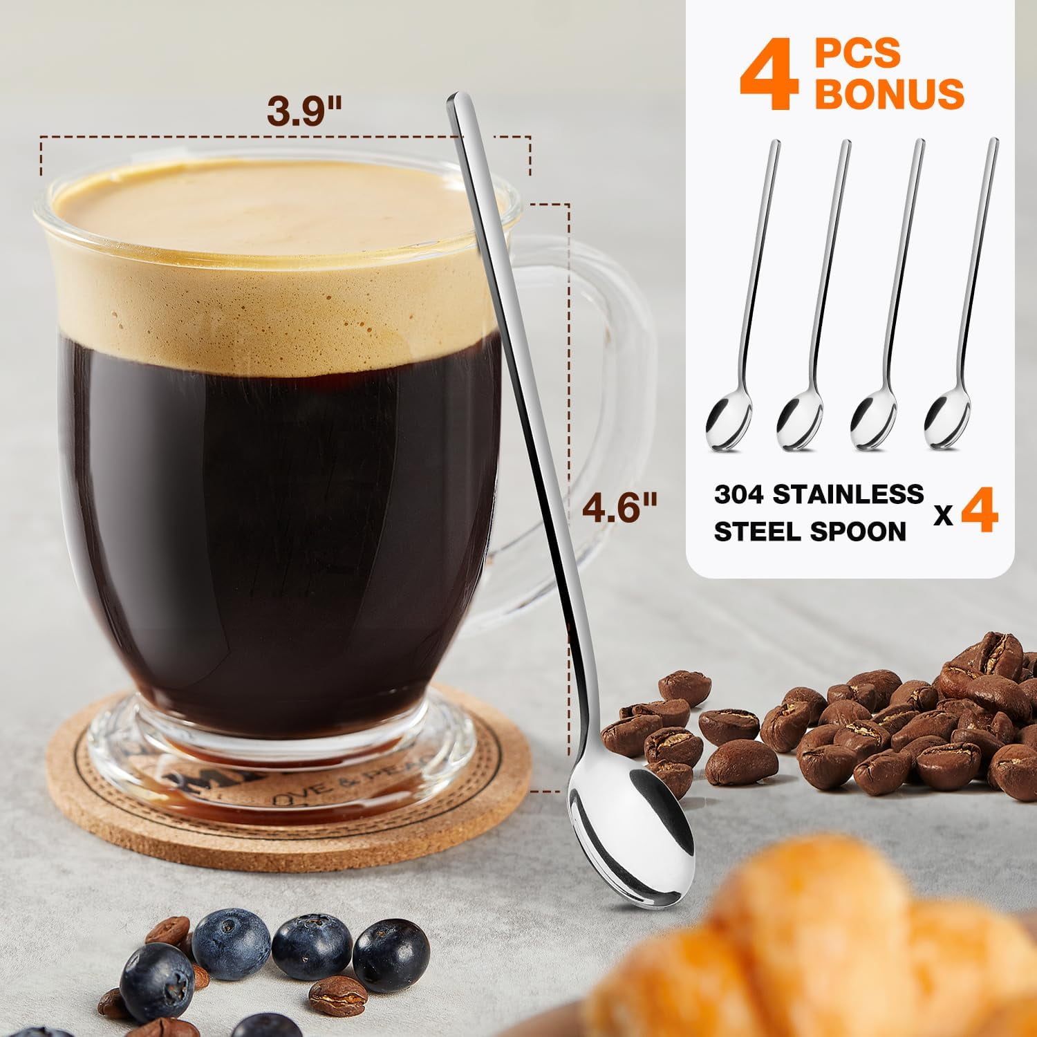 pupikeji Glass Coffee Mugs Set of 4, Clear Large Coffee Mug 15 Oz With Handles for Hot Beverages, Clear Mugs for Tea, Cappuccino, Latte, Espresso Coffee, Juice, Glass Coffee Cups