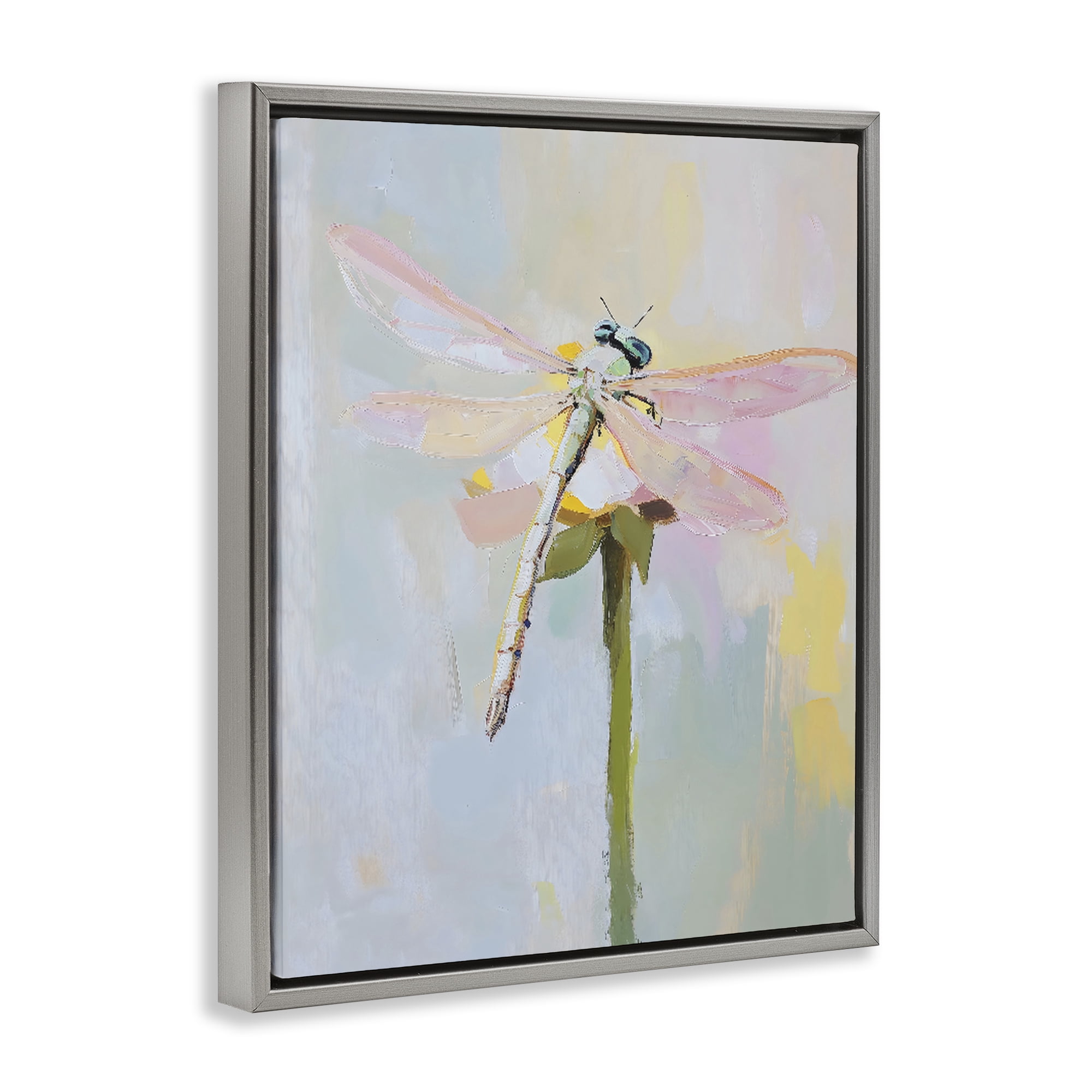 Stupell Industries Pastel Dragonfly Landing Gray Framed Floater Canvas Wall Art, design by The Prints Vibe