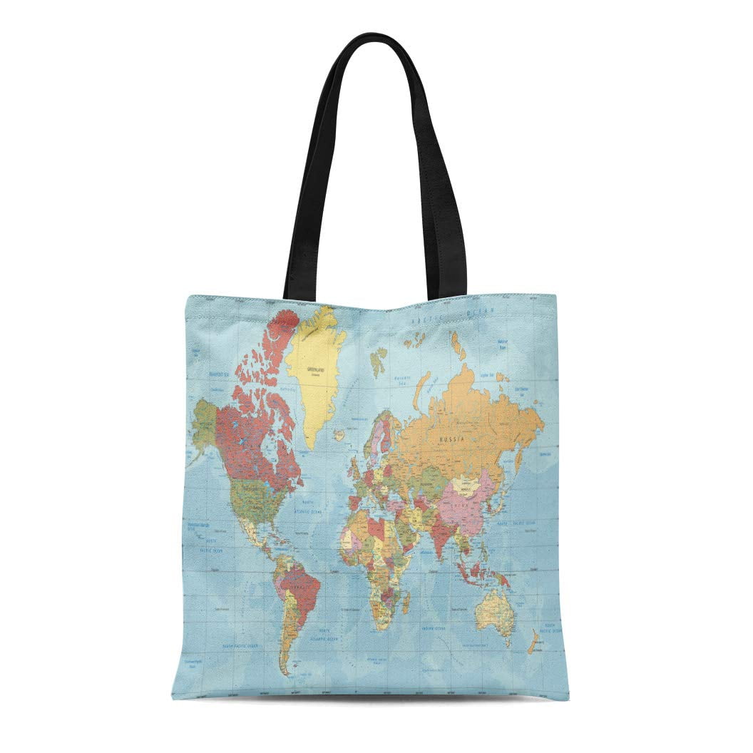 SIDONKU Canvas Tote Bag Detailed Political World Map in Mercator Projection Clearly Labeled
