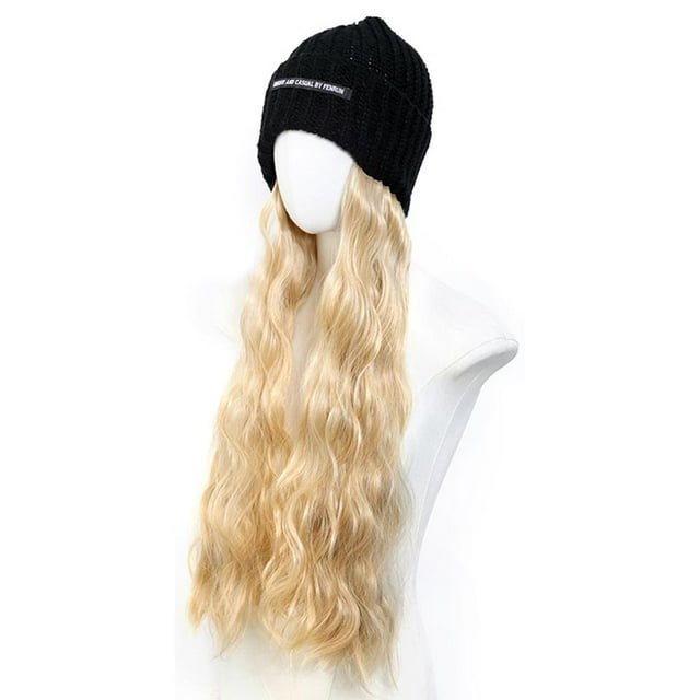 SharkTRUE Bonnet Synthétique Ondulé Long avec Perruques et Pompon Tricoté