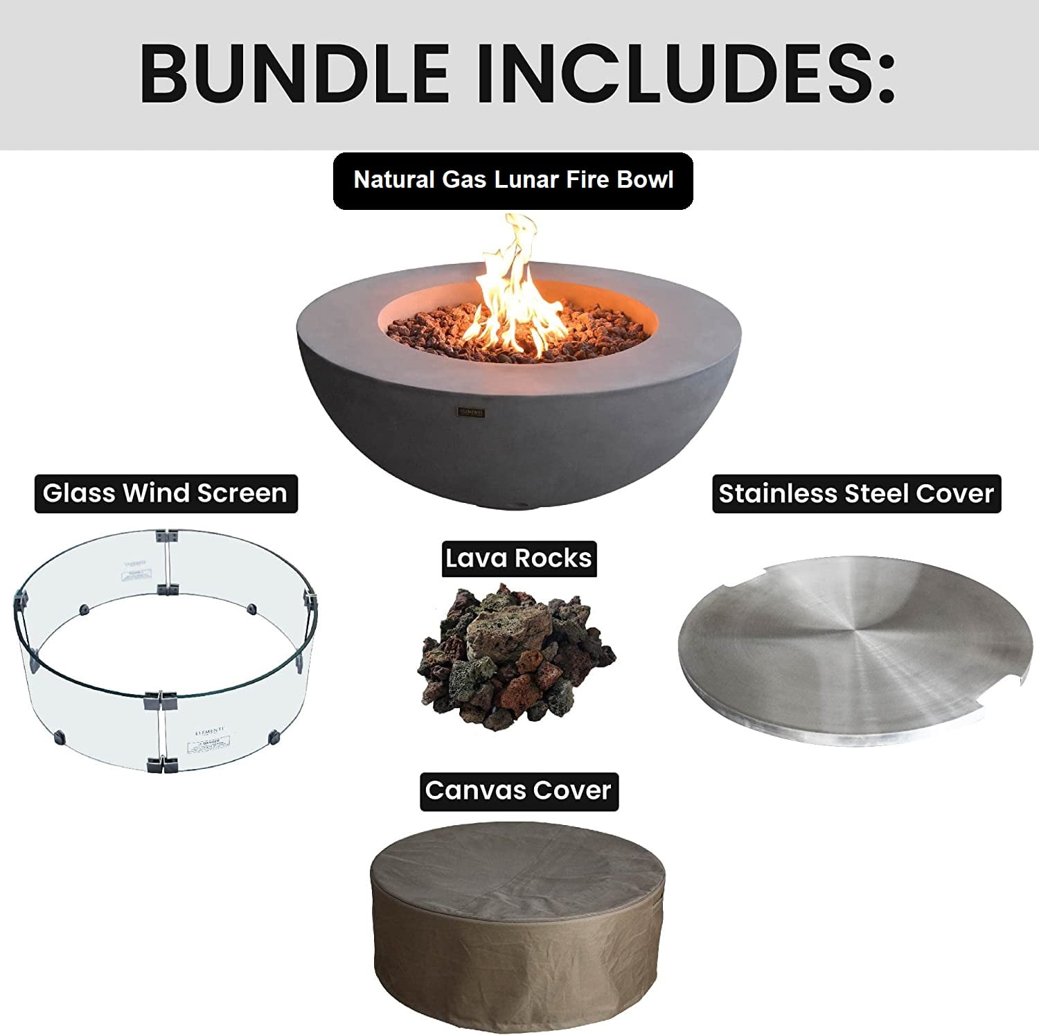 Elementi 42"Lunar Bowl Natural Gas Fire Pit Bundle