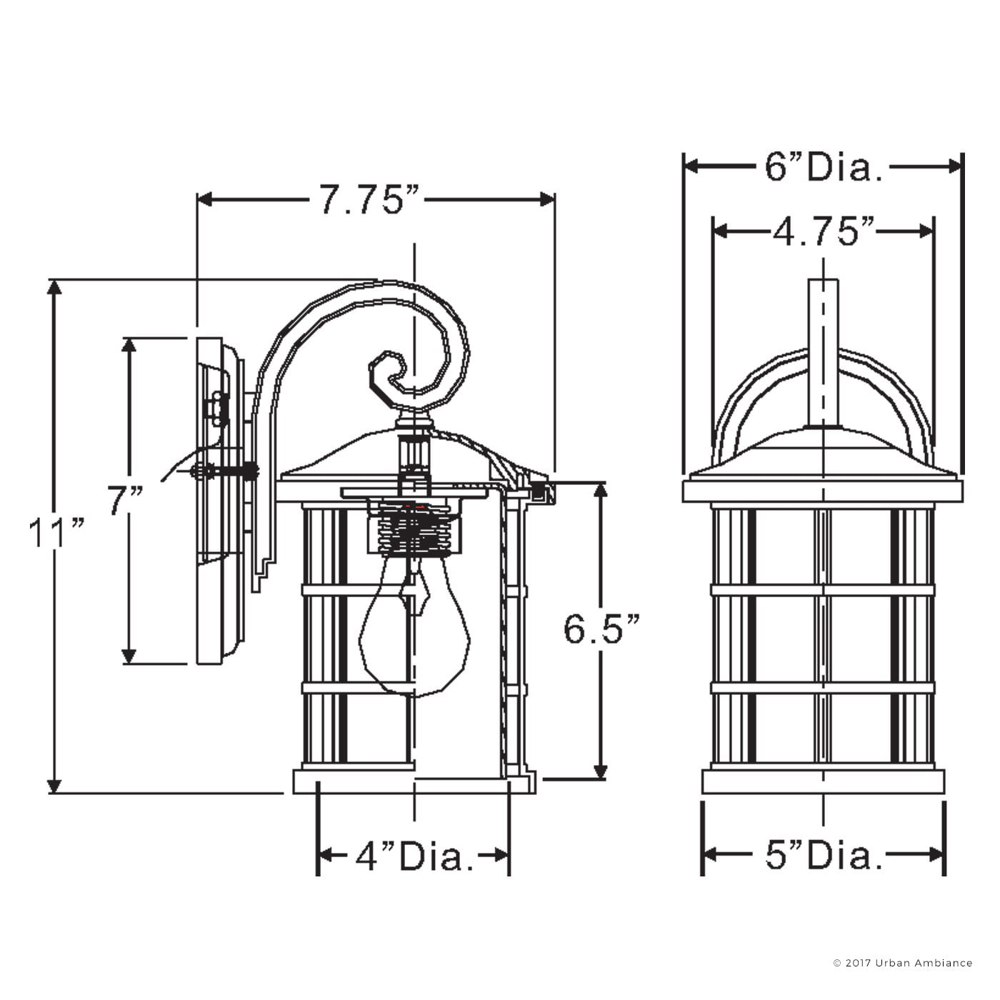 Urban Ambiance Luxury Craftsman Outdoor Wall Light, Small Size: 11"H x 6"W, with English Tudor Style Elements, Wrought Iron Design, Natural Black Finish and Seeded Glass, UQL1040