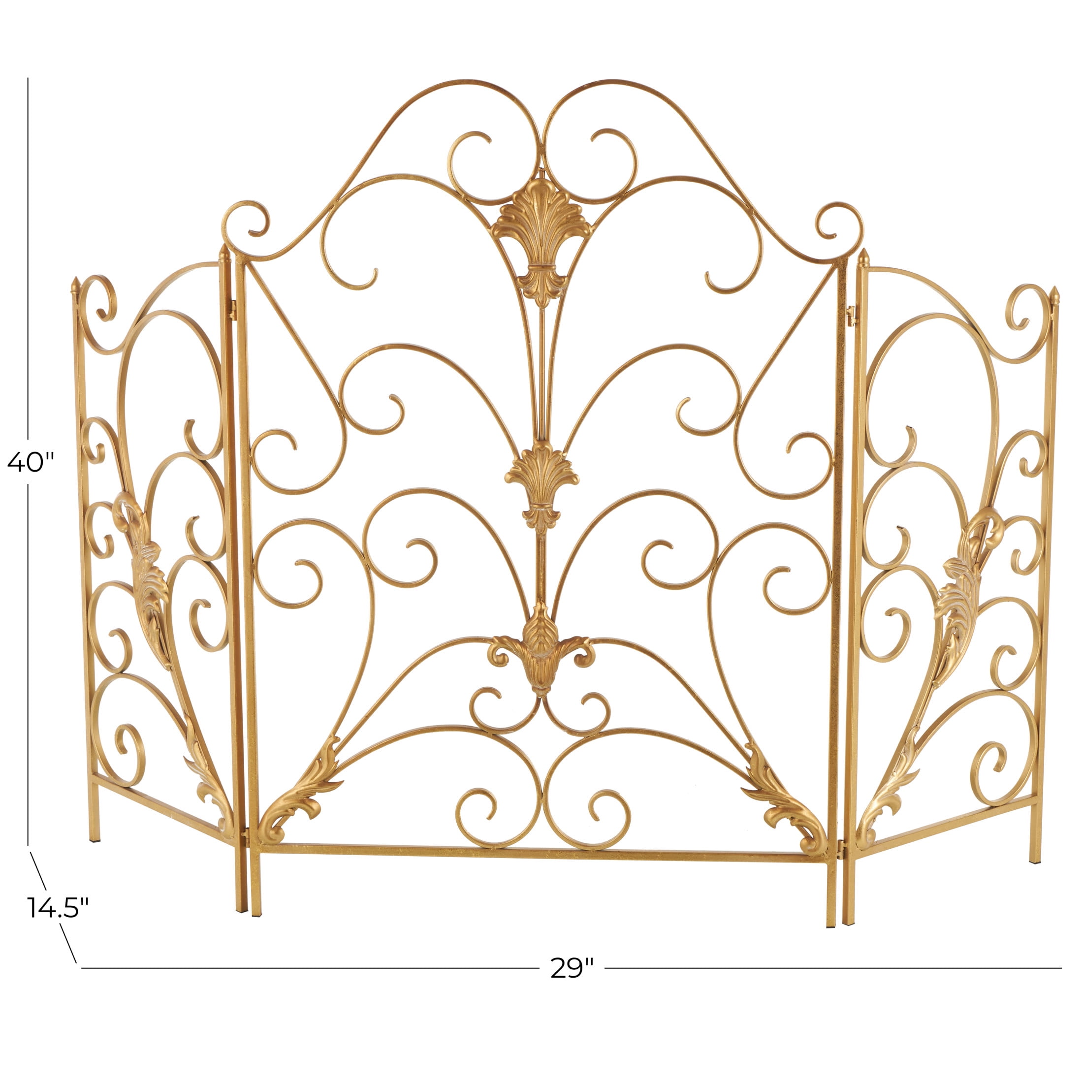 DecMode 29" x 40" Gold Metal Foldable 3 Panel Scroll Fireplace Screen with Fleur De Lis Accents, 1-Piece