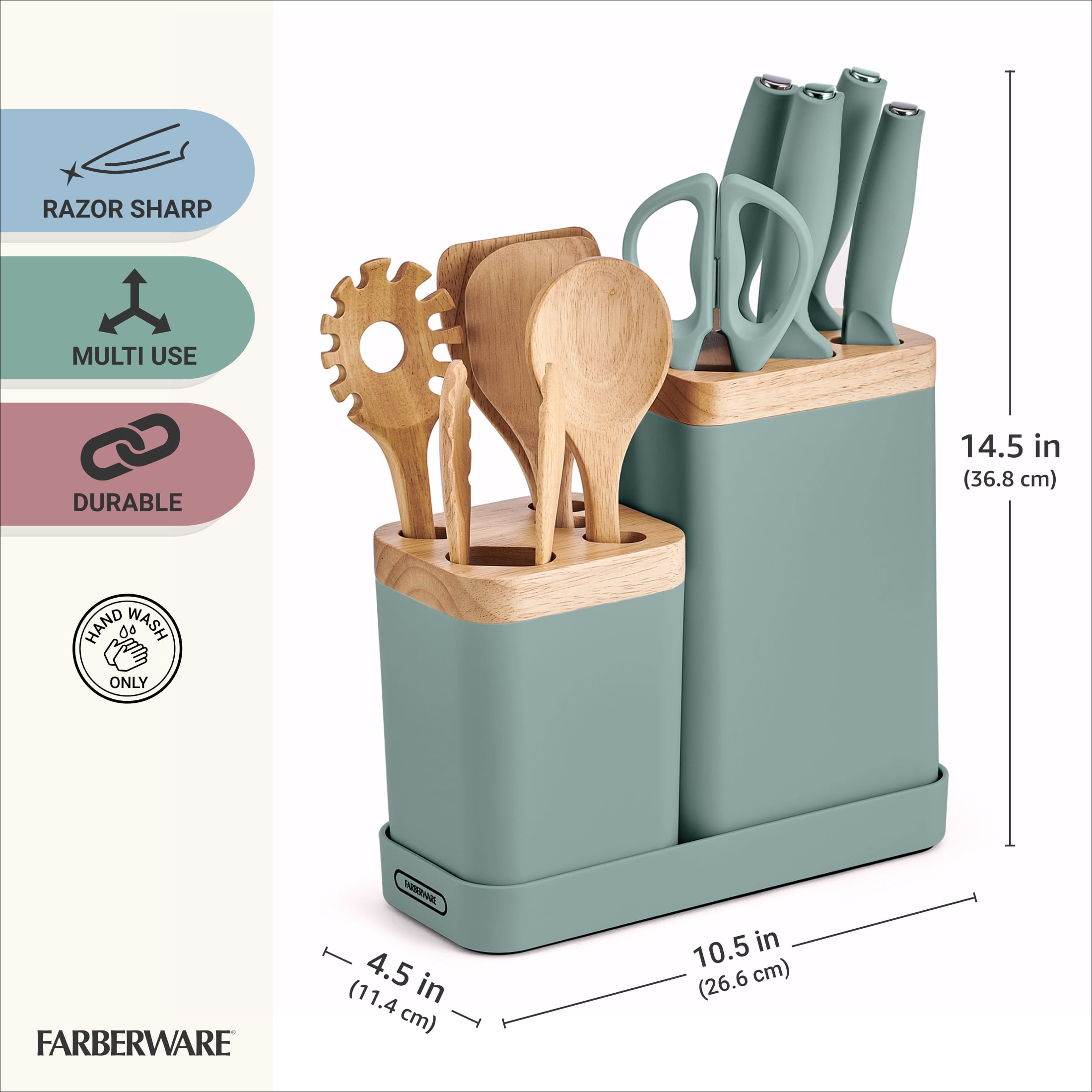 Farberware Professional Wood Kitchen Utensil and Knife Set with Counter Storage Sage, 13-Piece