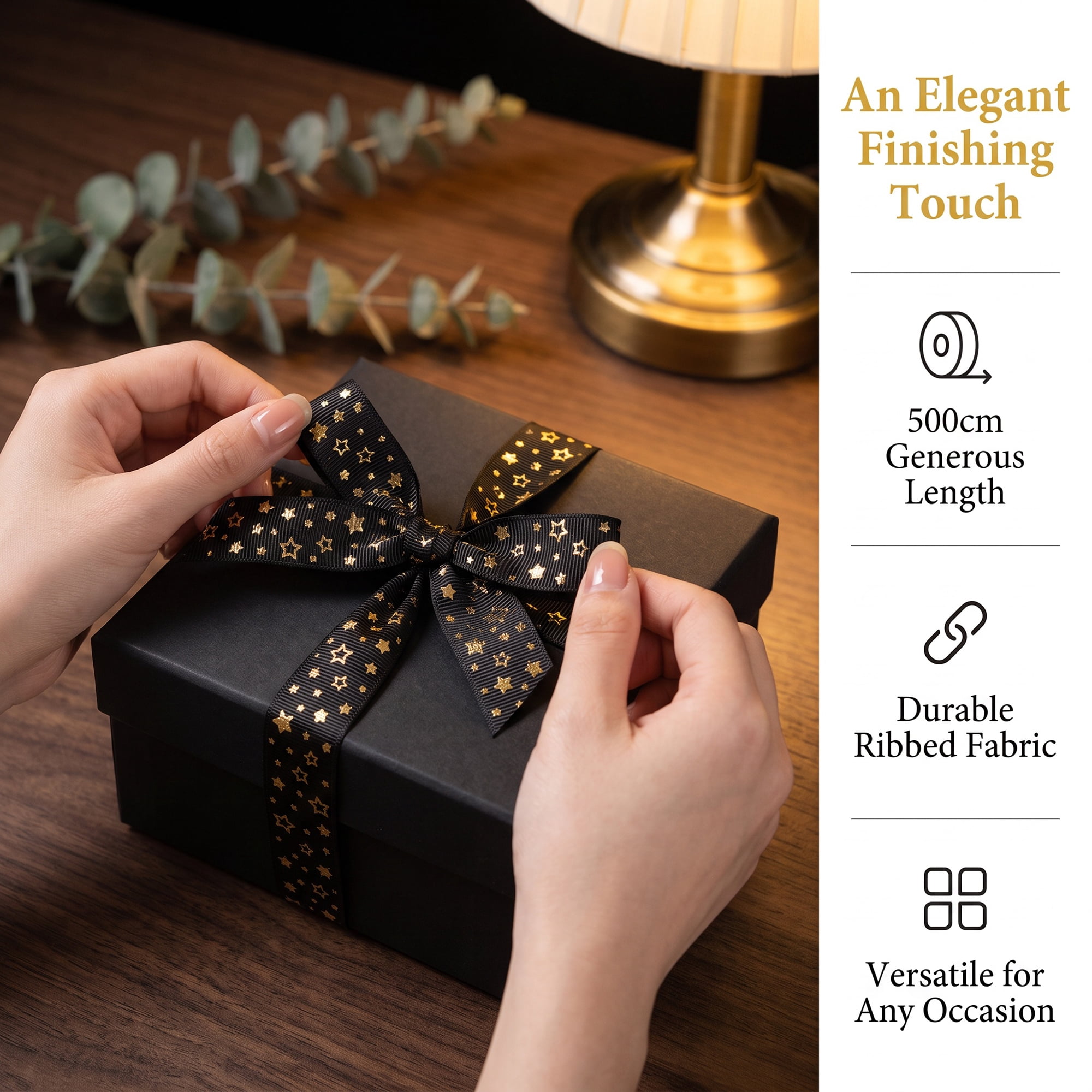 Unique Bargains Elegant Star Pattern Fabric Ribbon for Creative Presentations Black