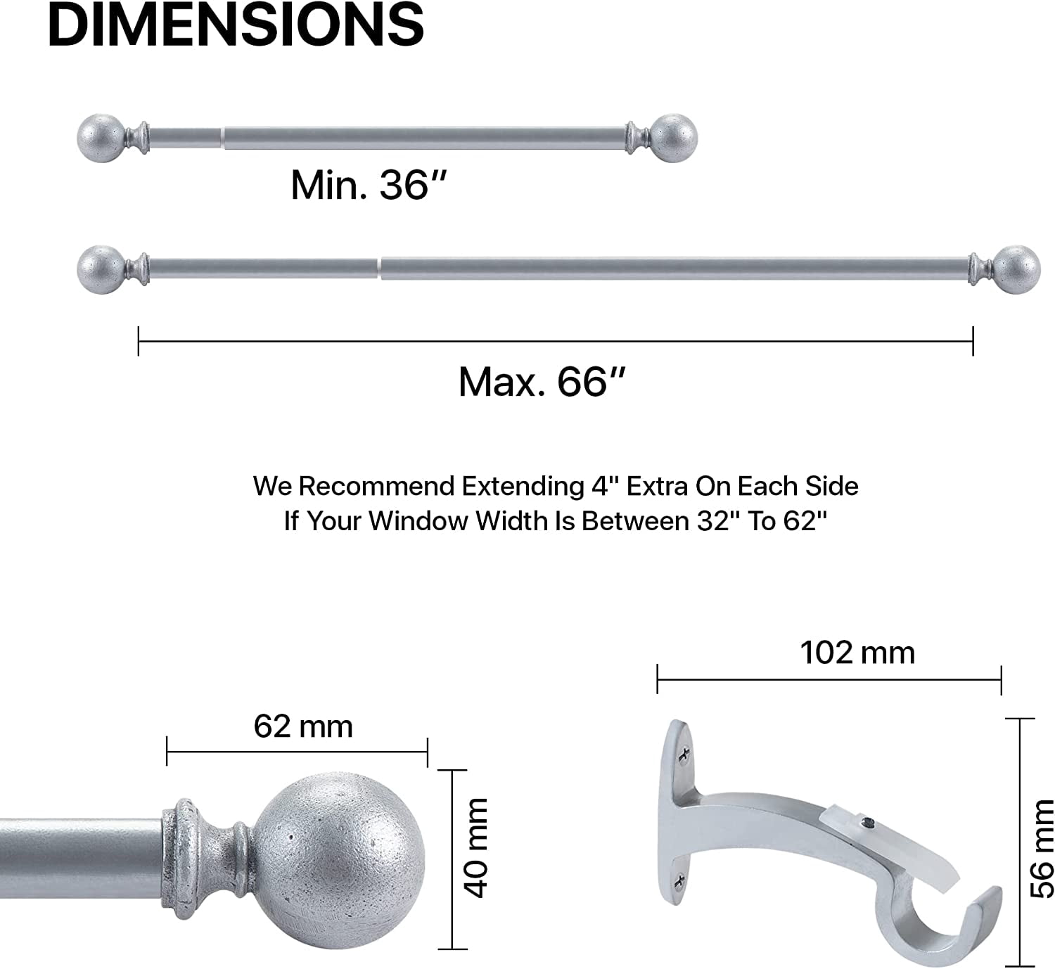 Deco Window 36 to 66 inches Adjustable Curtain Rod for Windows with Ball Cast Finials 3/4'' Dia (Charcoal)