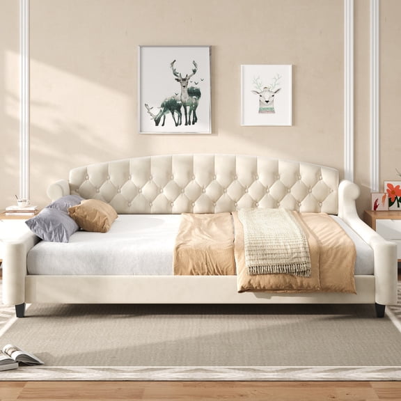 Queen Upholstered Daybed with Deep Button Tufting, Curved Backrest and Wood Slats, Sofa-Style Guest Bed, No Box Spring