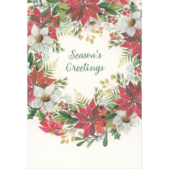 Pictura Season's Greetings: Red and White Sparkling Poinsettia Wreath Christmas Card