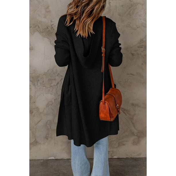POGLIP Women s Black Hooded Pockets Open Front Knitted Cardigan Walmart