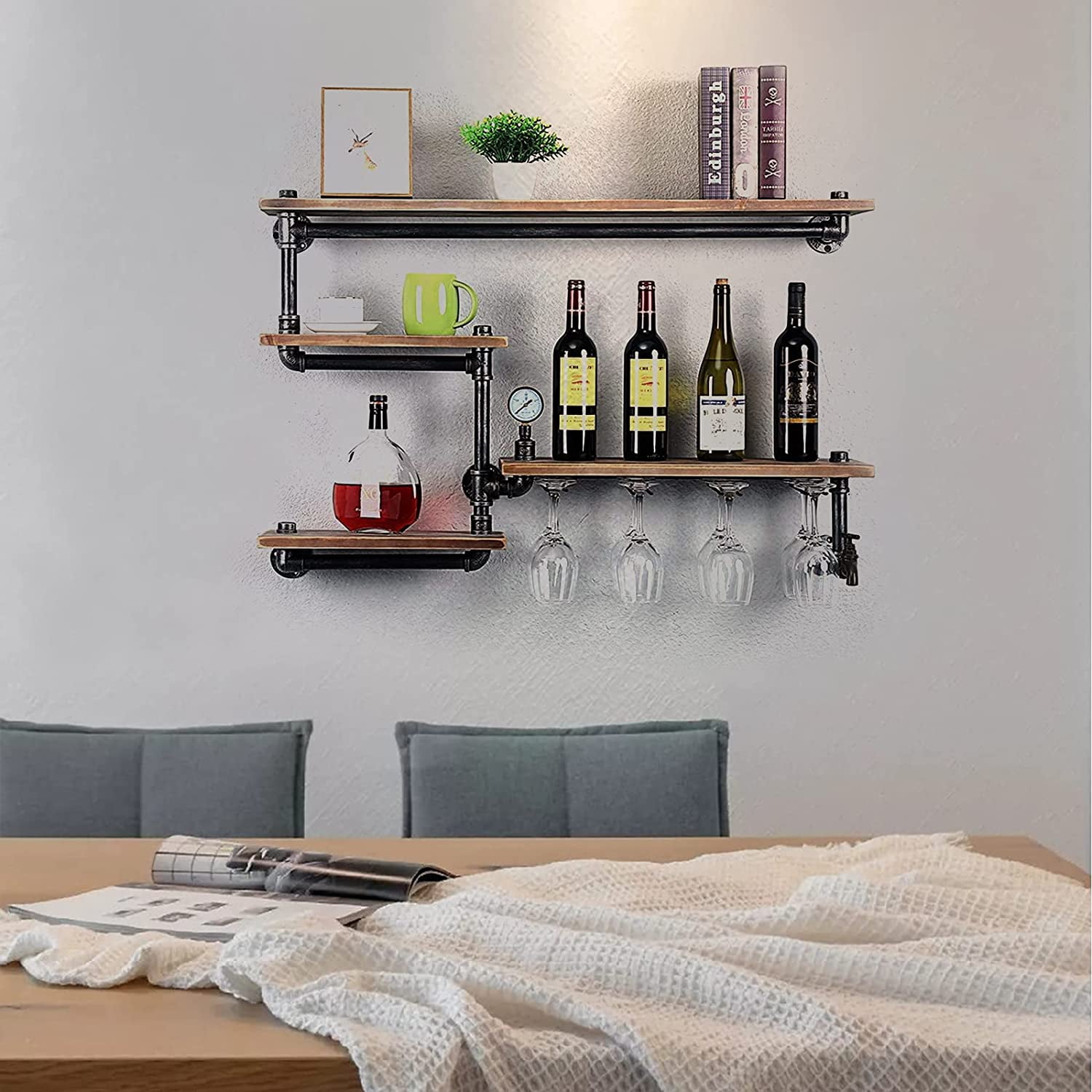 Wall Mounted Floating Shelf Industrial Pipe Shelf with 4 Stem Glass Holder Wooden Wine Shelf for Home Kitchen Living Room