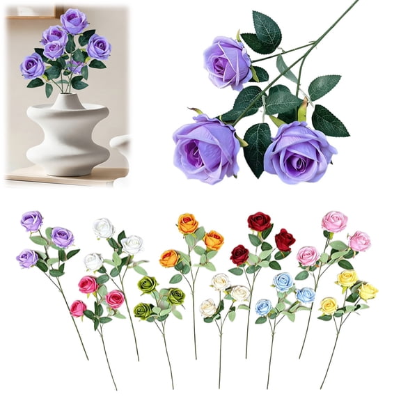 1 Stem Three-Headed Artificial Rose Flower Faux Silk Rose Head Branch for Wedding Bouquet Centerpiece Hotel Home Table Decor 66cm, Clearance Purple