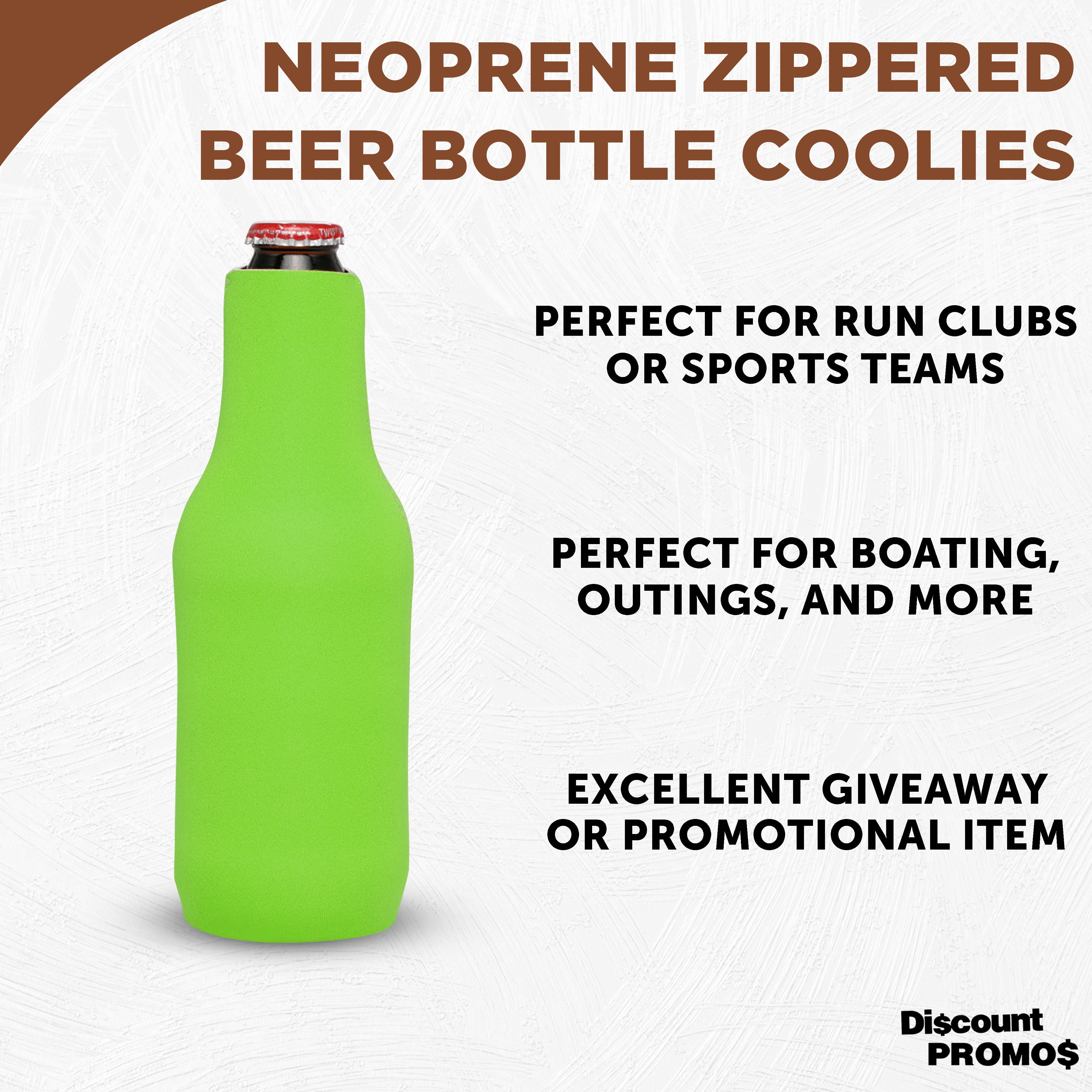 10 Neoprene Zippered Beer Bottle Coolies Pack - Sharkskin Rubber Bottom - Lime Green