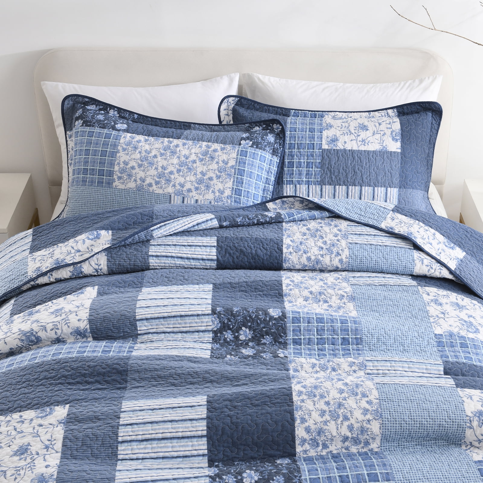DDUOXIN Blue King Size Quilts - 100% Cotton King Size Bedspread Quilt Set, Floral Plaid Quilt for King Bed, Lightweight Reversible Bed Spread Bedding Set with 2 Pillow Shams for All-season, 3-Piece