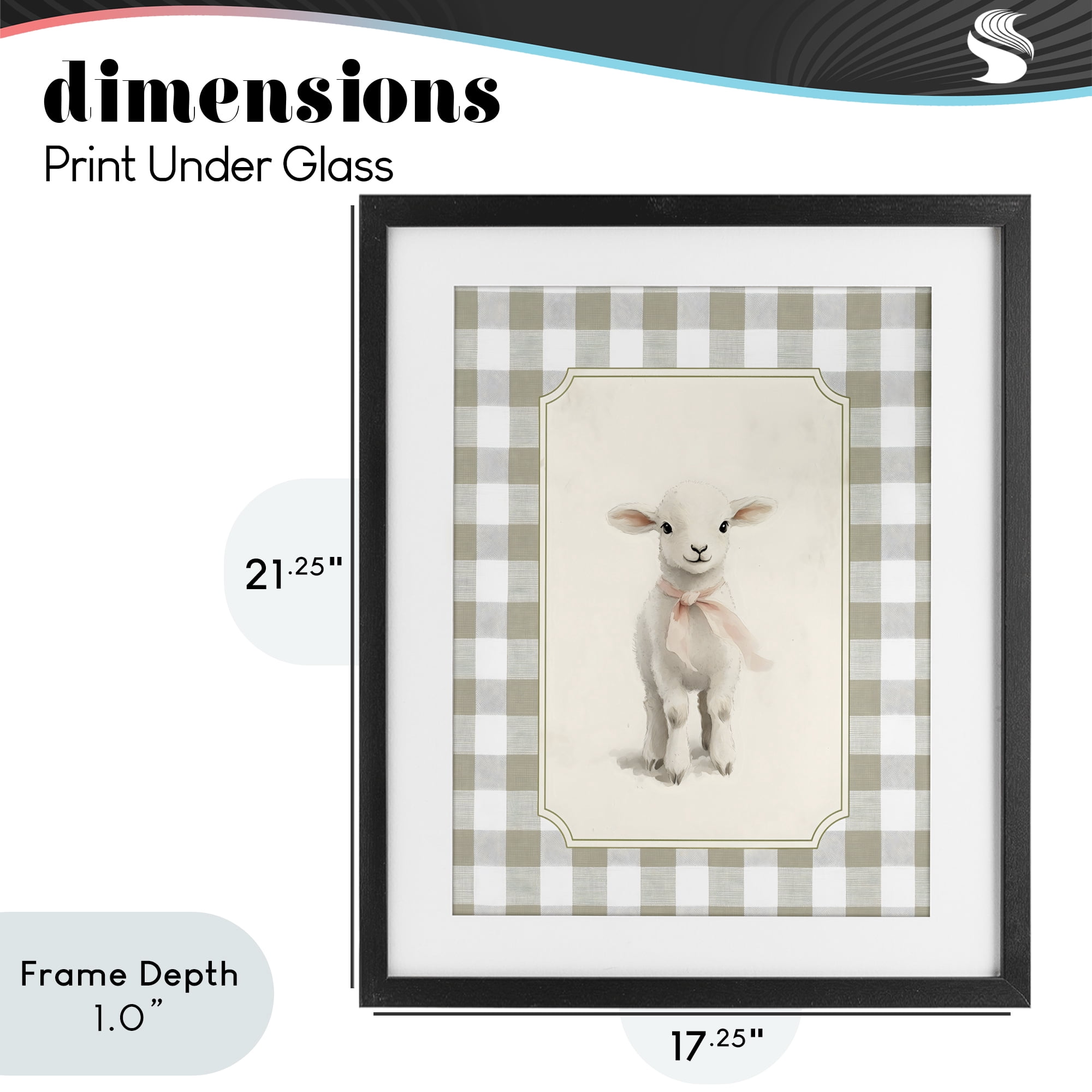 Stupell Industries Gingham Lamb with Pink Ribbon Black Framed Print Under Glass, design by Arlington Prints