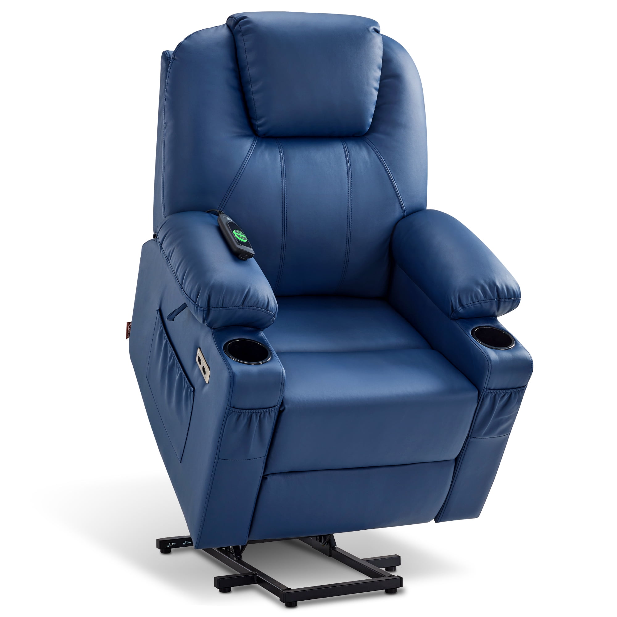 MCombo Electric Power Lift Recliner Chair Sofa with Massage and Heat for Elderly, 3 Positions, 2 Side Pockets, and Cup Holders, USB Ports, Faux Leather 7141 Blue, Small