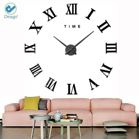 Deago 3D DIY Wall Clock Mute Modern Clock Stickers wth Mirror Roman Numerals For Living Room Home Decorations Gift (Black)