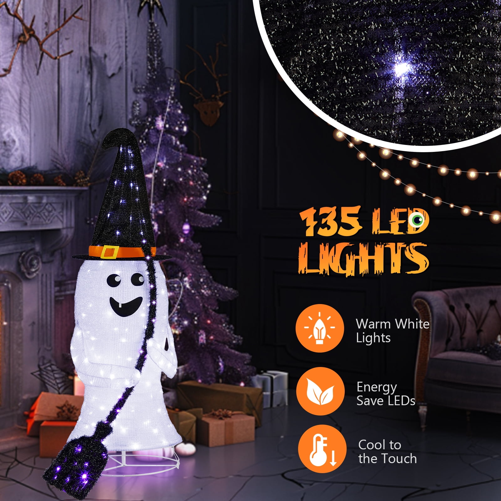 4ft Lighted Pop-Up Ghost with 100 LED Lights for Halloween Outdoor Lawn Decor