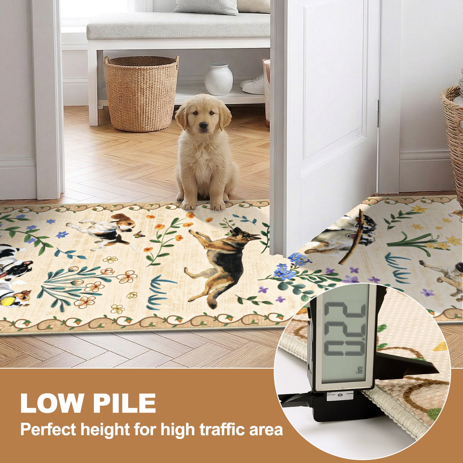 MJIAexp 2'x6' Jute Animal Dog Floral Kitchen Runner Rug,Woven Texture Machine Washable Runner Rug Non-Slip Rubberback Hallway Runner Laundry Rug Throw Carpet for Living Room Bedroom Dining Room Entry