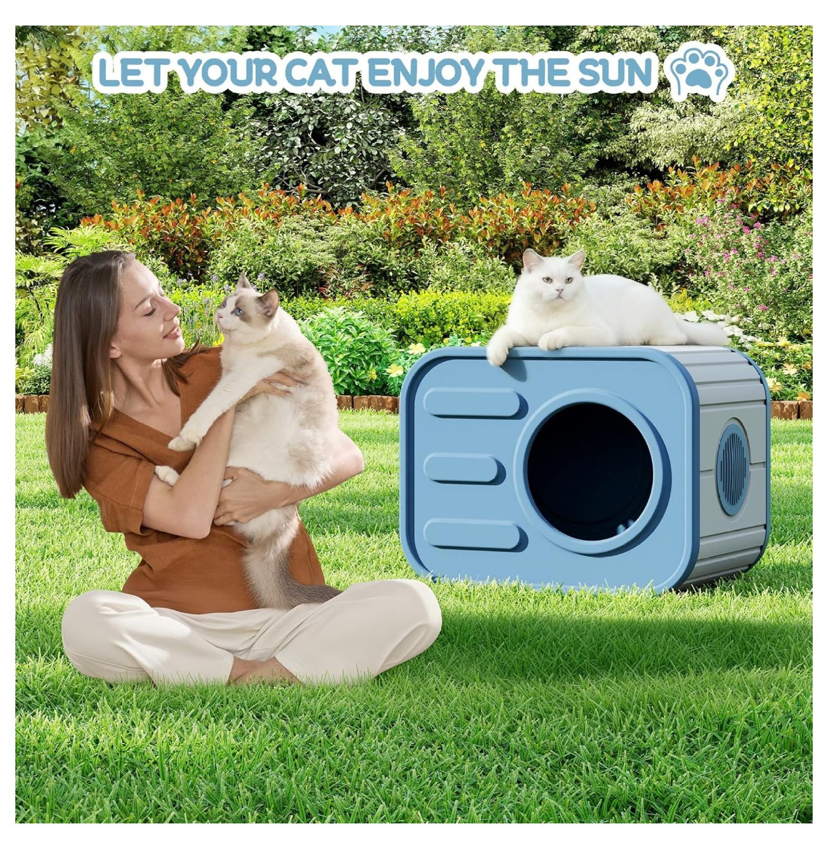 Cat House for Indoor & Outdoor Cats, Resin Weatherproof Cat House with Camera-Shaped Design, Ventilated Spacious Assemble Easily for Home & Yard (Blue)