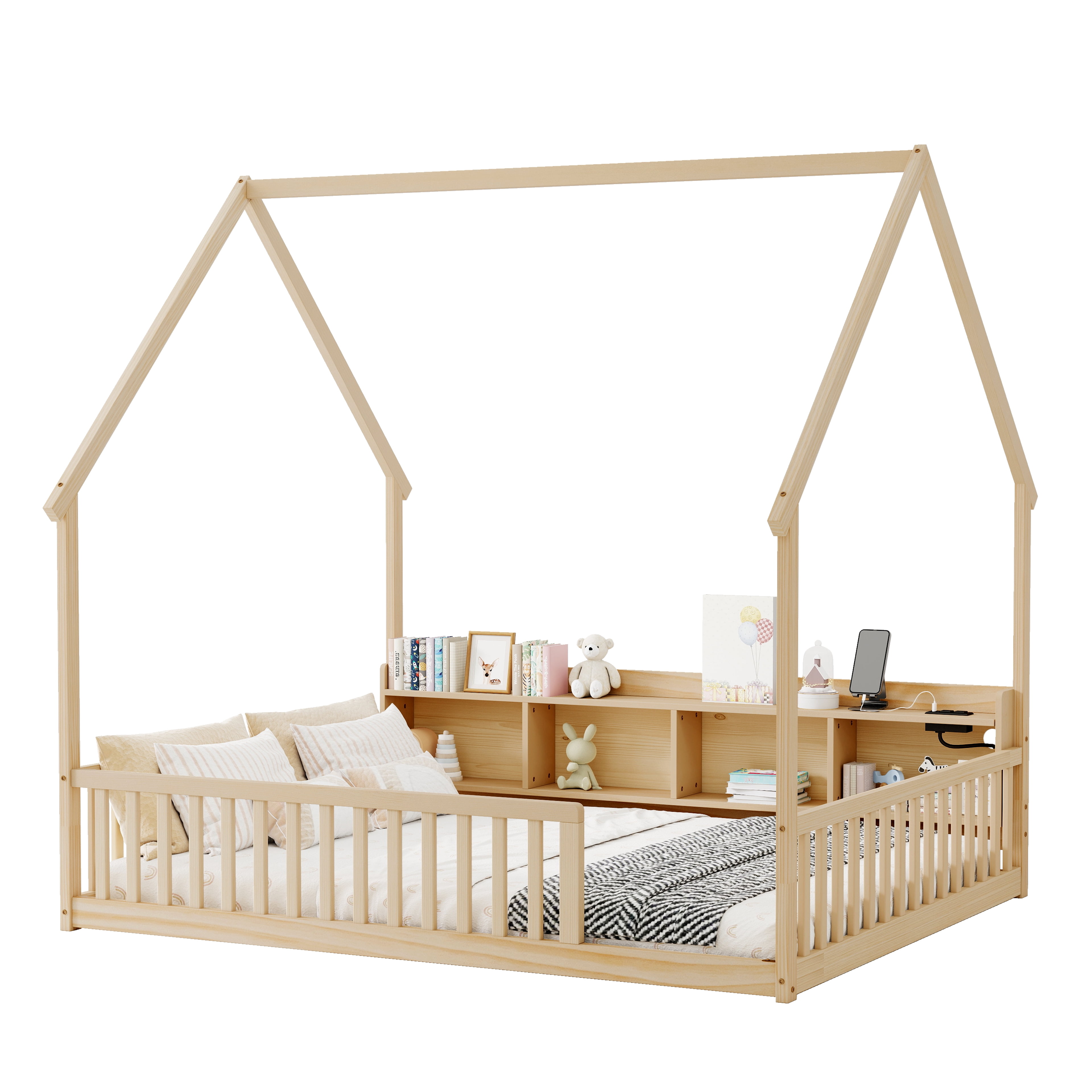 Floor Bed with House Design and Storage Shelves, Full Pine Wood Platform Bed and Charging Station Bed Frame with LED Lights and Guardrails, Natural