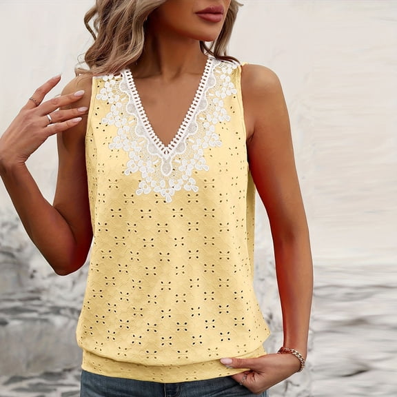Timegard Tank Tops for Women Eyelet Lace V Neck Tunic Tops Dressy Casual Comfy Sleeveless Tops Travel