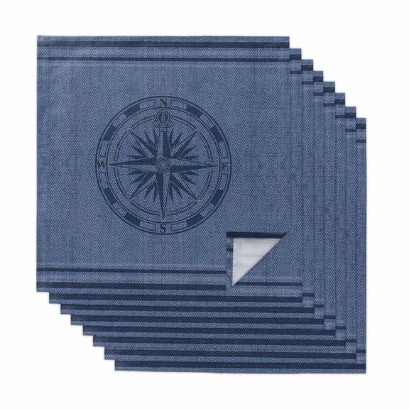Nautical Compass Cloth Napkins, Navy Blue Striped Coastal Compass Washable and Reusable Dinner Napkins Set of 8, Table Napkin for Kitchen Party Birthday Wedding Hotel Housewarming 20"x20"