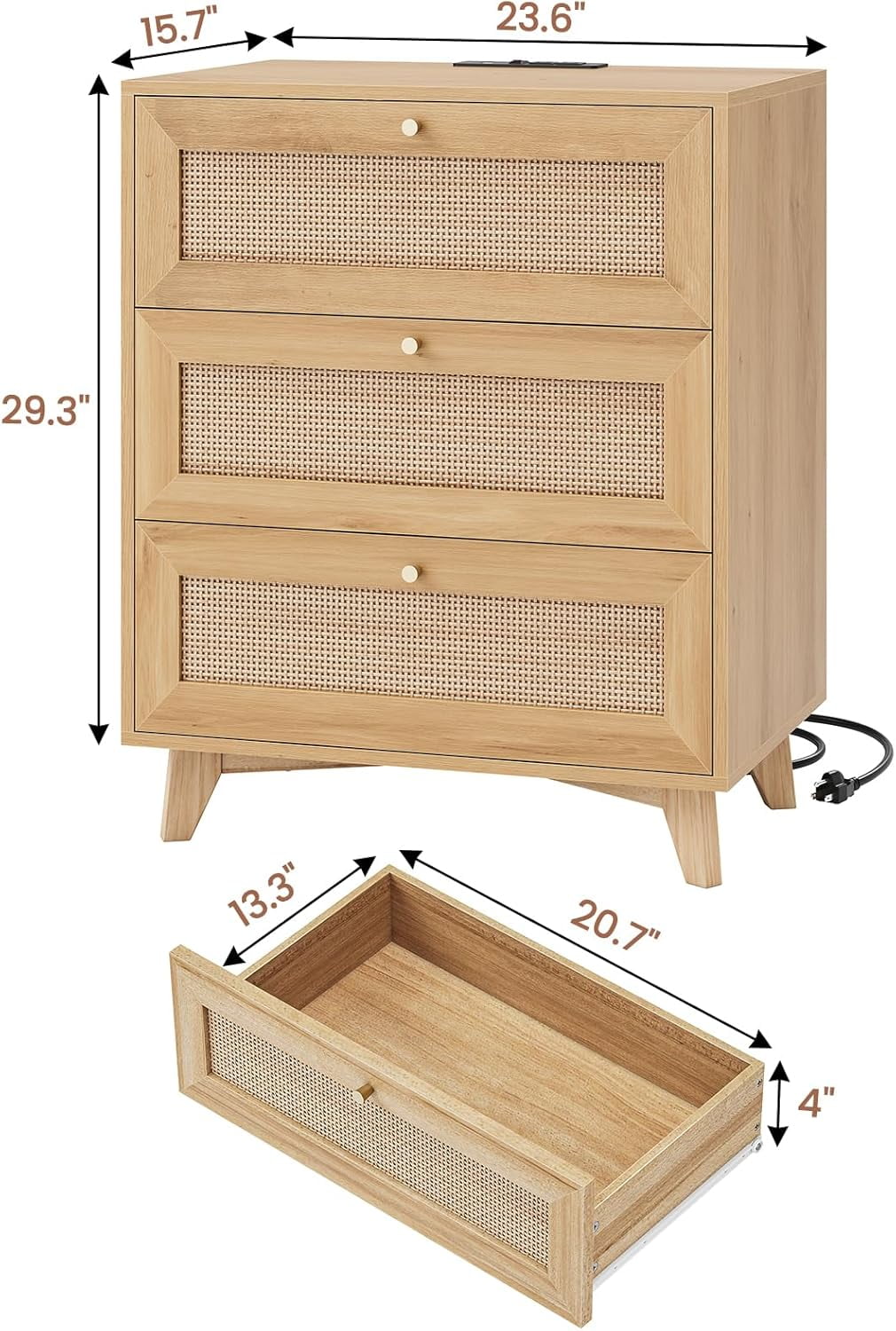 Rattan Nightstand with Charging Station & 3 Drawers, Boho Bedside Table for Bedroom