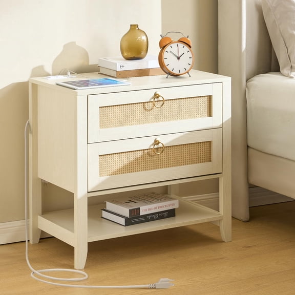 White Nightstand with Charging Station, Boho Nightstand Large Rattan Nightstand with Drawers and Open Shelf, Side Table, Bedside Table End Table for Bedroom