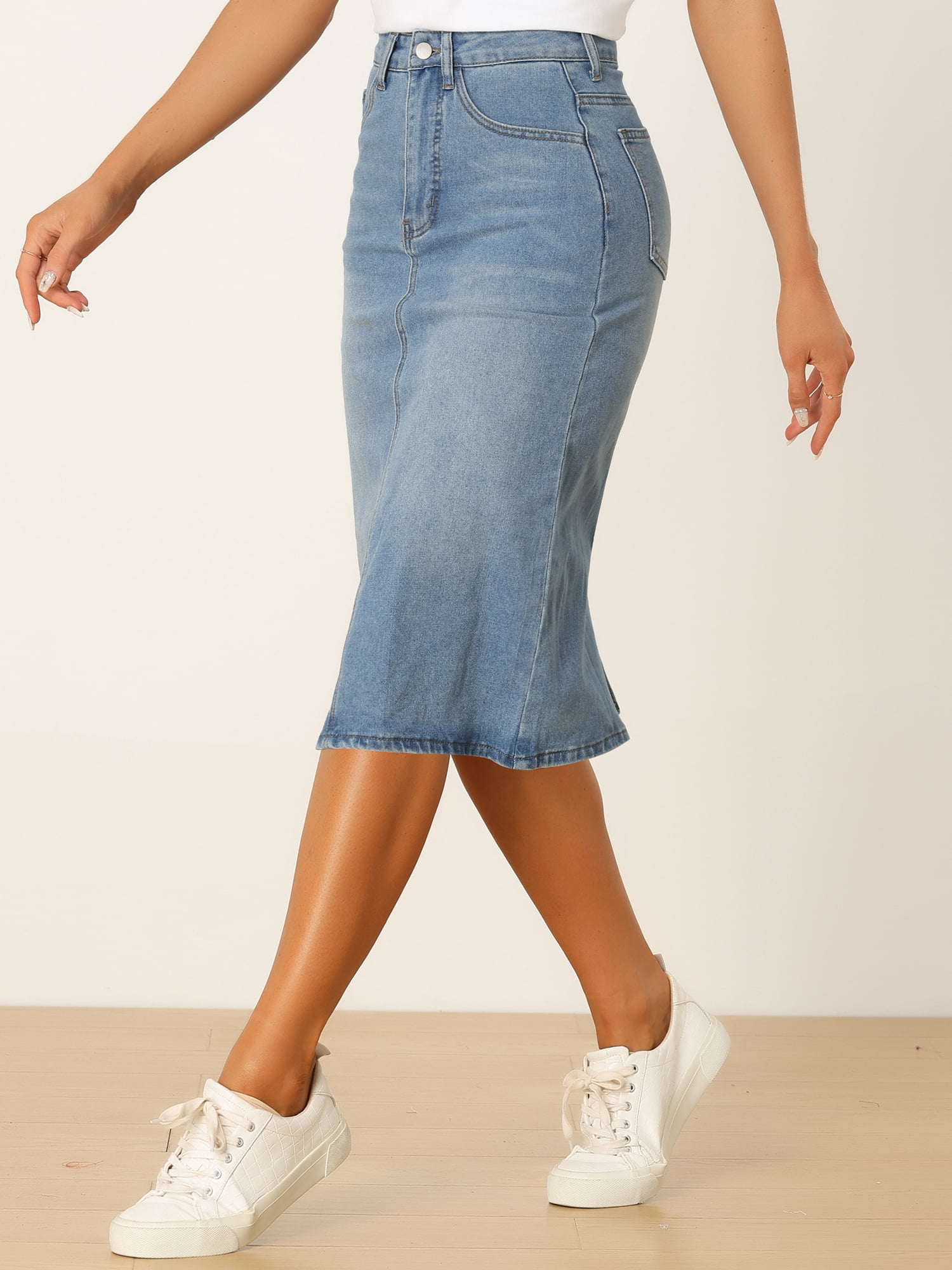 DARING DIVA Women's Zipped and Button Denim Split Back Pockets Midi Jean Skirts 3XL Light Blue