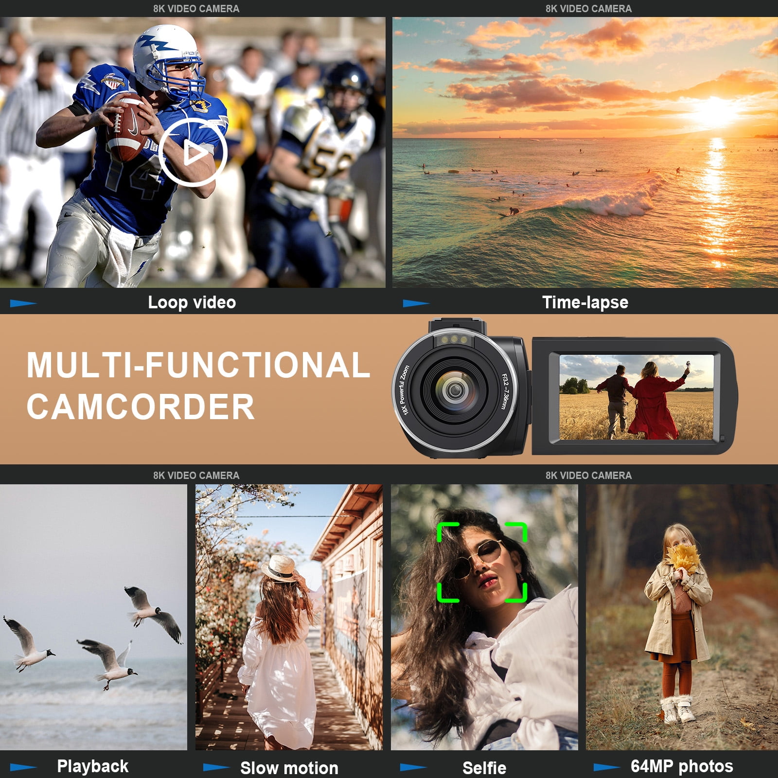 Video Camera for Youtube 8K Camcorder 64MP Wifi Vlogging 18X Zoom IR Night Vision 3.0'' Touch Screen Digital Camera