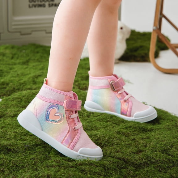 LIIPEE Girls Casual Shoes Fashion Heart Printed Classic High Top Flat Bottom Canvas Shoes Kids Hook And Loop Cute Comfortable Breathable Soft Daily Shoes,18-24 Months