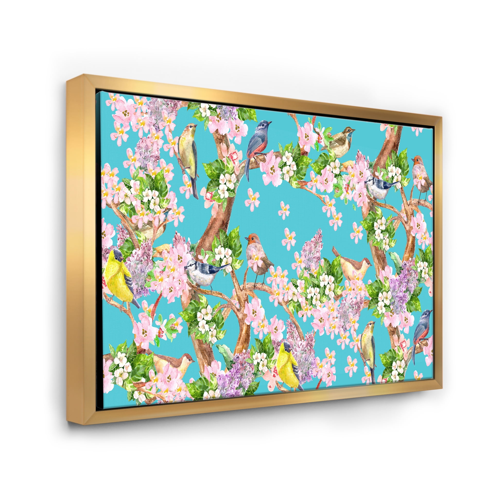 Designart 'Little Birds Sitting On Spring Flow Tree' Traditional Framed Canvas Wall Art Print