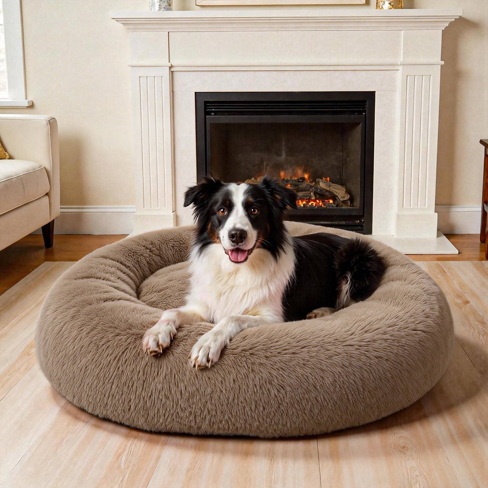 Vaukki 36"Dog Bed with Non Slip Bottom,Soft Warm Faux Fur Pet Bed,Comfortable Donut Round Plush Dog and Cats Beds,Brown
