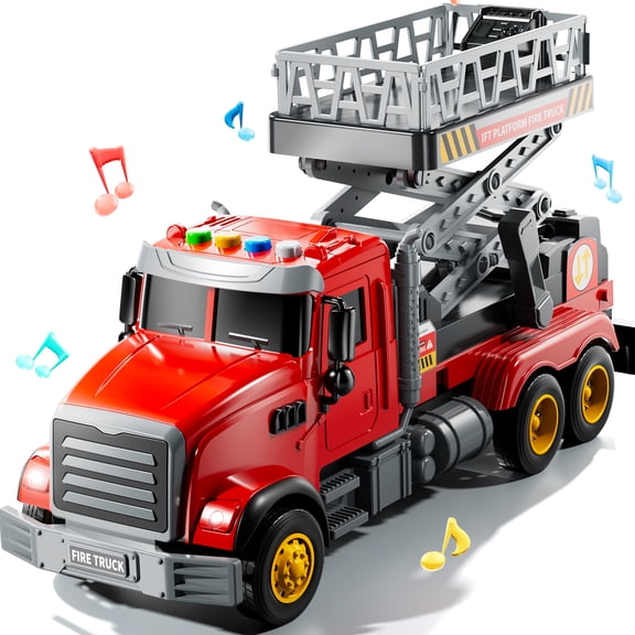 ConeWhale Fire Truck Toy with Lights and Sounds, Rotating Ladder, Red, for Kids 3 Years Old