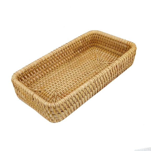 Rattan Serving Tray, Rectangle Rattan Serving Tray Hand Woven Bathroom Countertop Small Storage Basket for Coffee Table, Vanity, Toilet Tank[Small size]