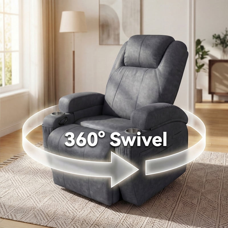 Homall 360° Swivel Rocking Recliner Massage Oversized Singal Sofa For Living Room Ergonomic High Backrest and Adjustable Recliner,PU Gray
