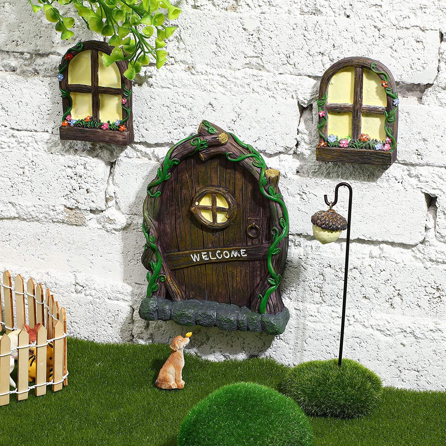 Yard Garden Sculpture Decoration Fairy Gnome Home Window and Door with lamp for Trees Decoration for Trees