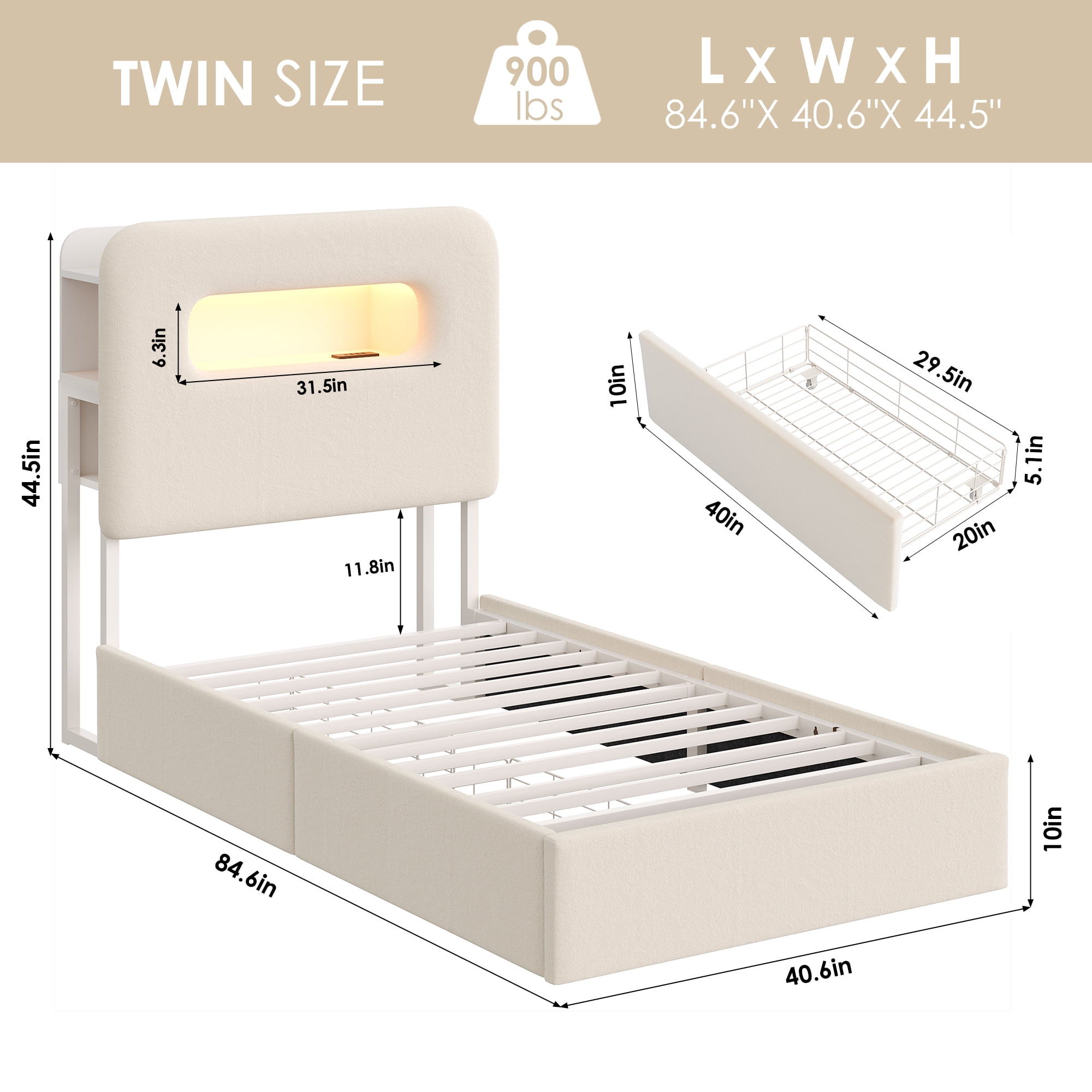 Homfa Twin Size Velvet Upholstered Bed with LED Lights & 2 Drawers, Storage Headboard Platform Bed Frame with USB Ports & Outlets, Off-White