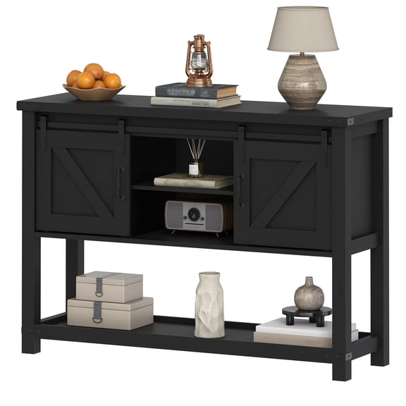 HOOBRO Farmhouse Console Table with Cabinets, Sliding Barn Doors & Storage Shelf, Black