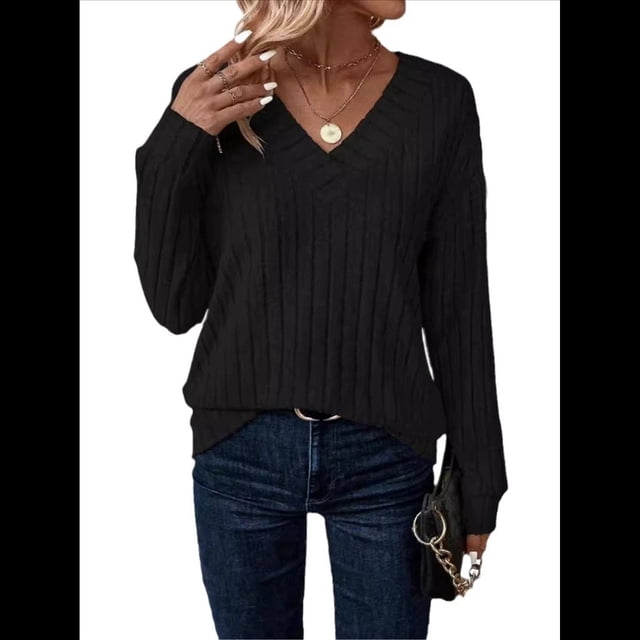 Camisas de Larga para Mujer, Cuello en V, Blusas Casuales de Otoño, Corte Holgado, Suéteres Ligeros, Túnicas, Ropa de Moda. Negro S