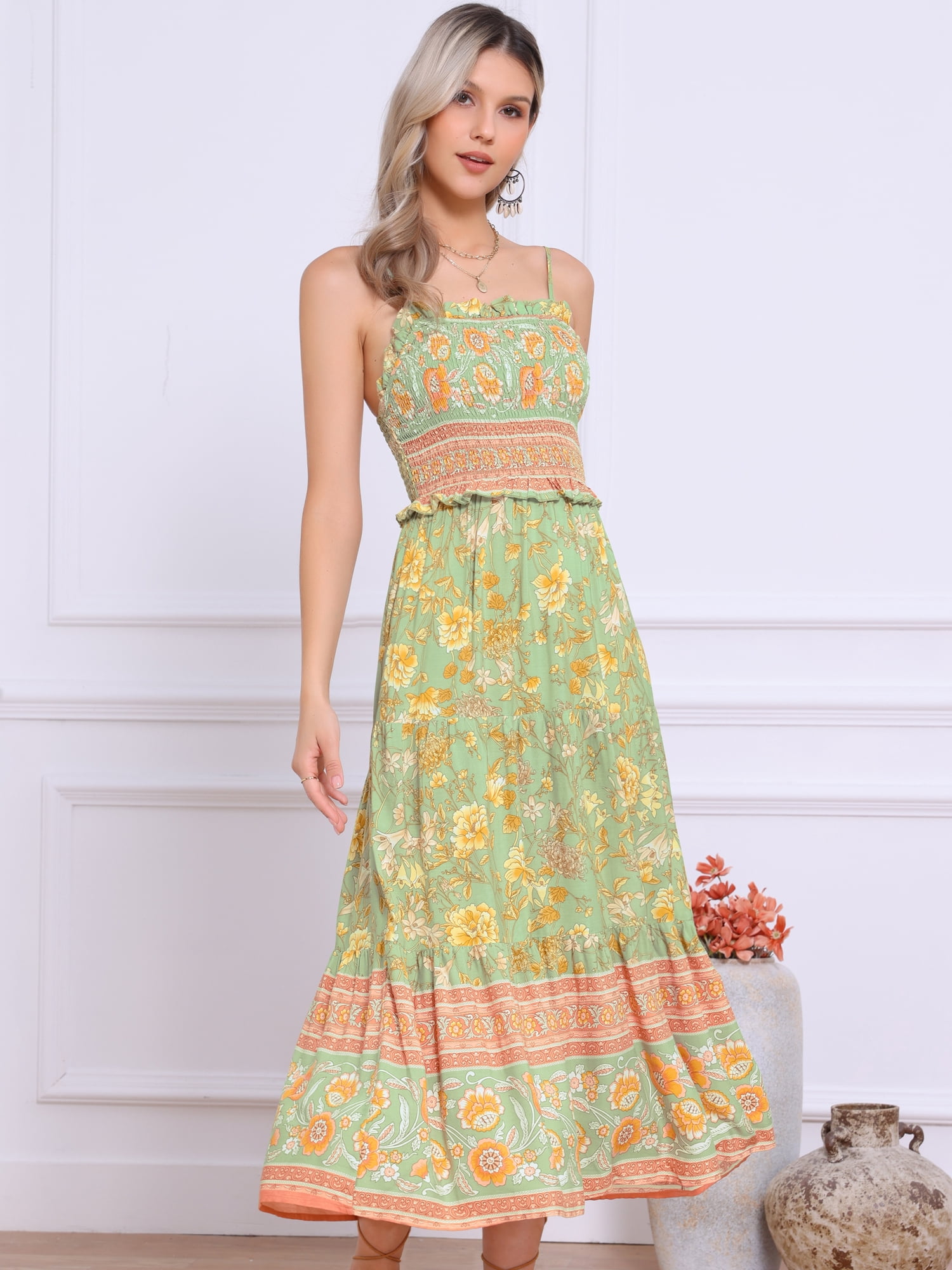 DARING DIVA Women's Boho Floral Spaghetti Strap A Line Maxi Dresses M Gray Green