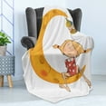 thumbnail image 4 of Feminine Soft Flannel Fleece Throw Blanket, Little Girl Sitting Barefoot Moon with Eye and Lamp Childhood Mystery Theme Cartoon, Cozy Plush for Indoor and Outdoor Use, 70" x 90", Orange, by Ambesonne, 4 of 5